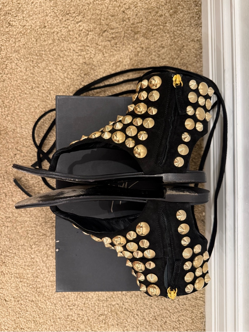 Giuseppe Zanotti Gold Studded Suede Gladiator Sandals Black Size 37.5 lace up - Picture 7 of 12
